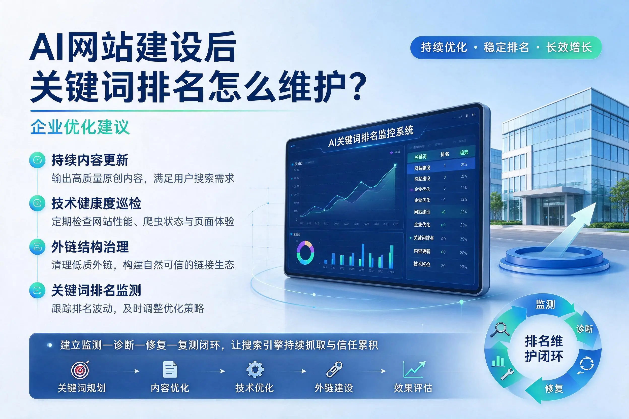 AI网站建设后关键词排名怎么维护？镇江企业优化建议