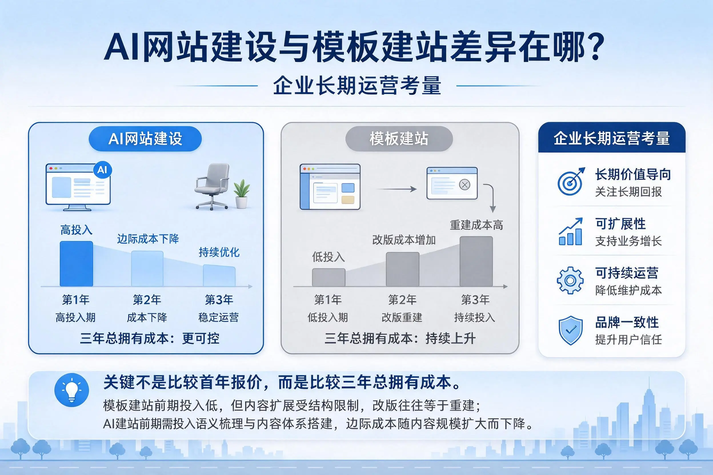 AI网站建设与模板建站差异在哪?镇江企业长期运营考量